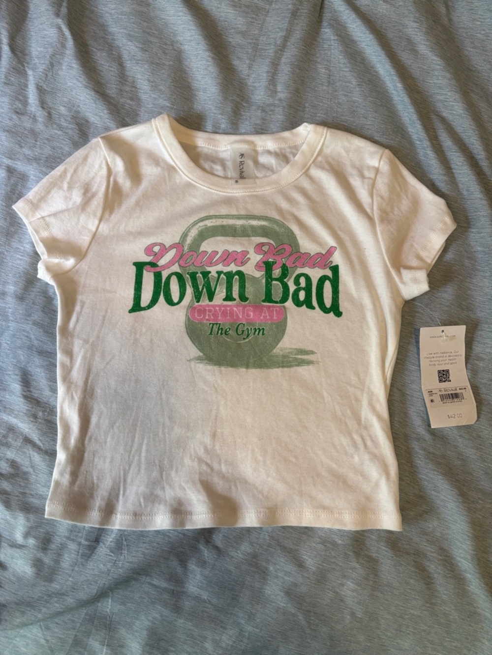 Altar'd State White Graphic Tee with Pink & Green 'Down Bad' Print